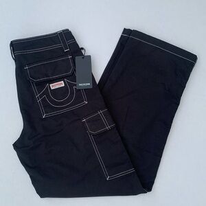 TRUE RELIGION Brand Jeans Military Cargo Pant Women’s Jet Black Wide Leg Sz 28